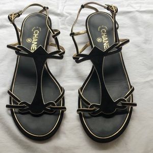 CHANEL BLACK & GOKD STRAPPY SANDALS